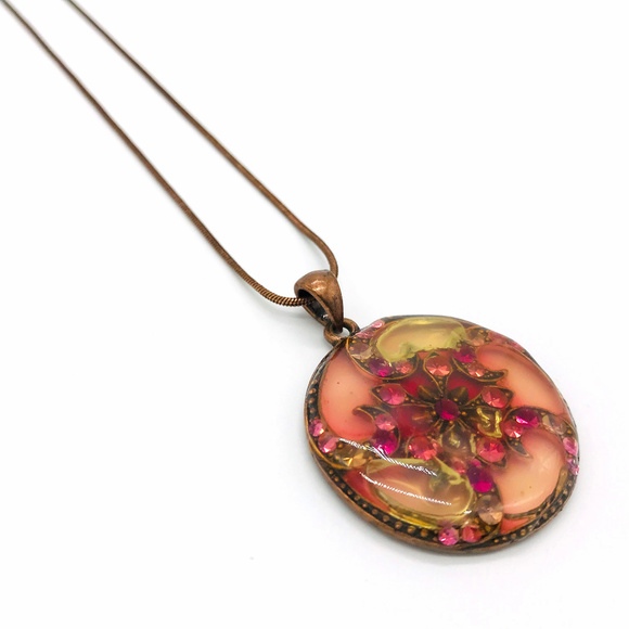 Pink Resin Pendant on Copper Tone Necklace - Picture 1 of 5